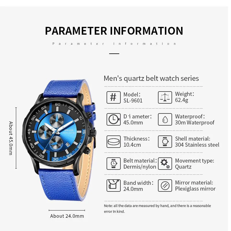 SMAEL Waterproof Men Watches Top Brand Luxury Sport Chronograph Quartz Watch Men Fashion Leather Date Clock Relogio Masculino