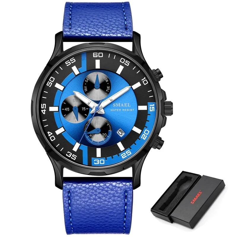 SMAEL Waterproof Men Watches Top Brand Luxury Sport Chronograph Quartz Watch Men Fashion Leather Date Clock Relogio Masculino