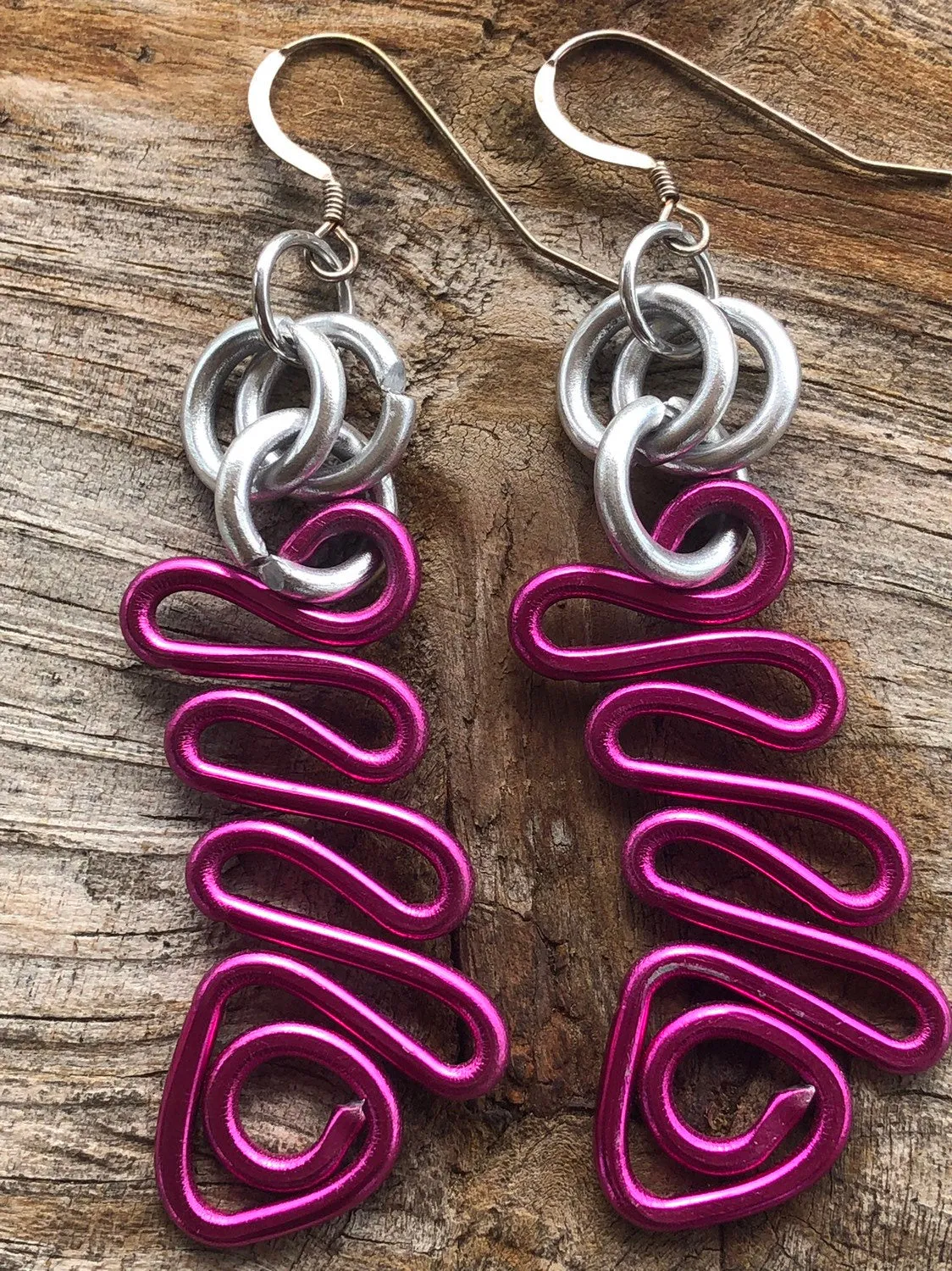 Small Pink zig zag earrings with silver accents and sterling silver ear wire