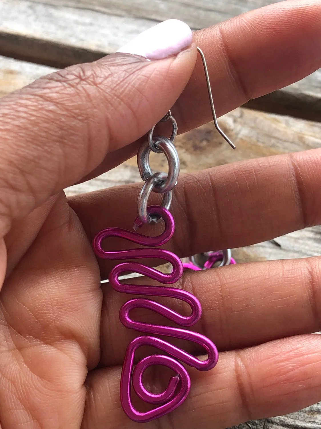 Small Pink zig zag earrings with silver accents and sterling silver ear wire