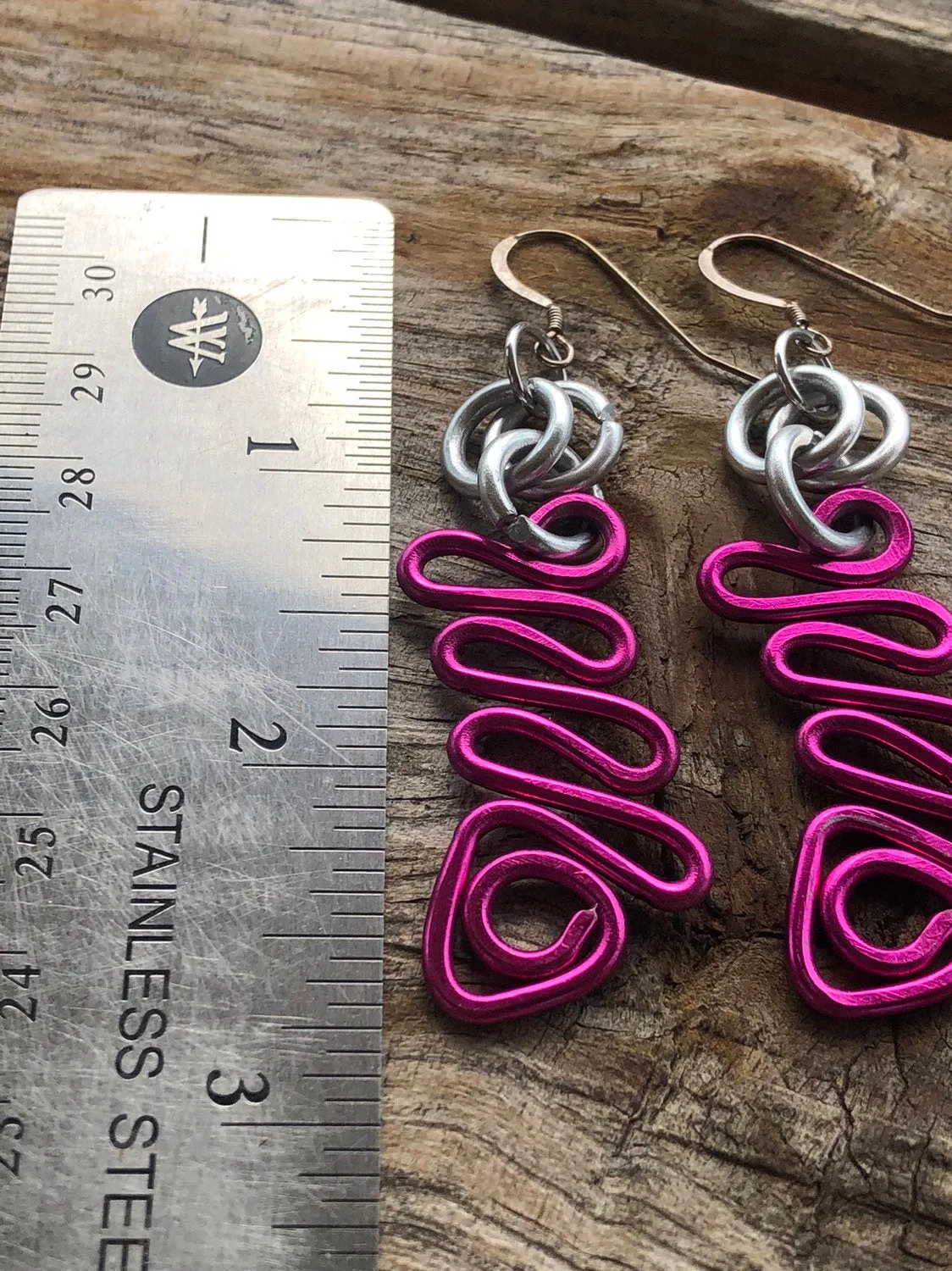 Small Pink zig zag earrings with silver accents and sterling silver ear wire