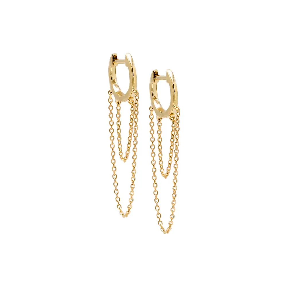 Solid Double Long Chain Huggie Earring 14K
