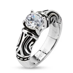 Stainless Steel Clear Simulated Diamond on Prong Setting with Tribal Decorative Cast Ring