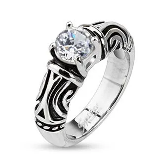 Stainless Steel Clear Simulated Diamond on Prong Setting with Tribal Decorative Cast Ring