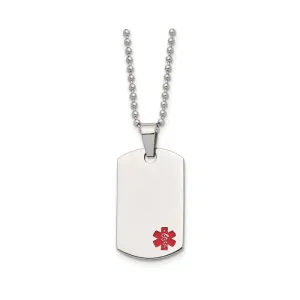 Stainless Steel Polished with Red Enamel Medical ID Dog Tag Necklace