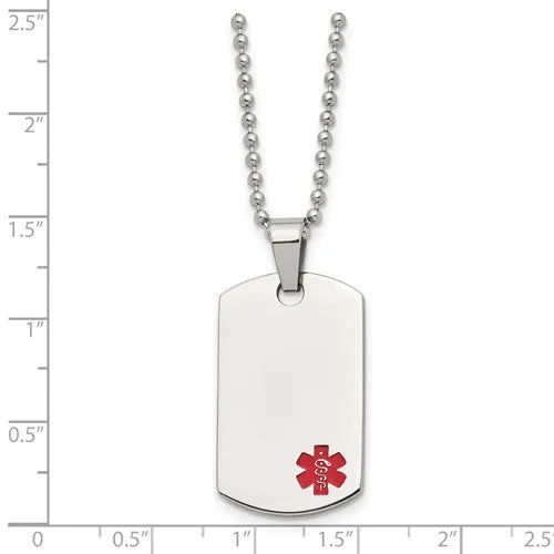 Stainless Steel Polished with Red Enamel Medical ID Dog Tag Necklace