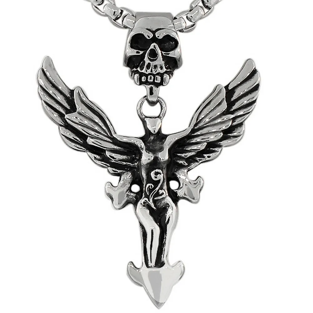 Stainless Steel Silver-Tone Large Mens Link Chain Scull Head Wings Woman Necklace Pendant