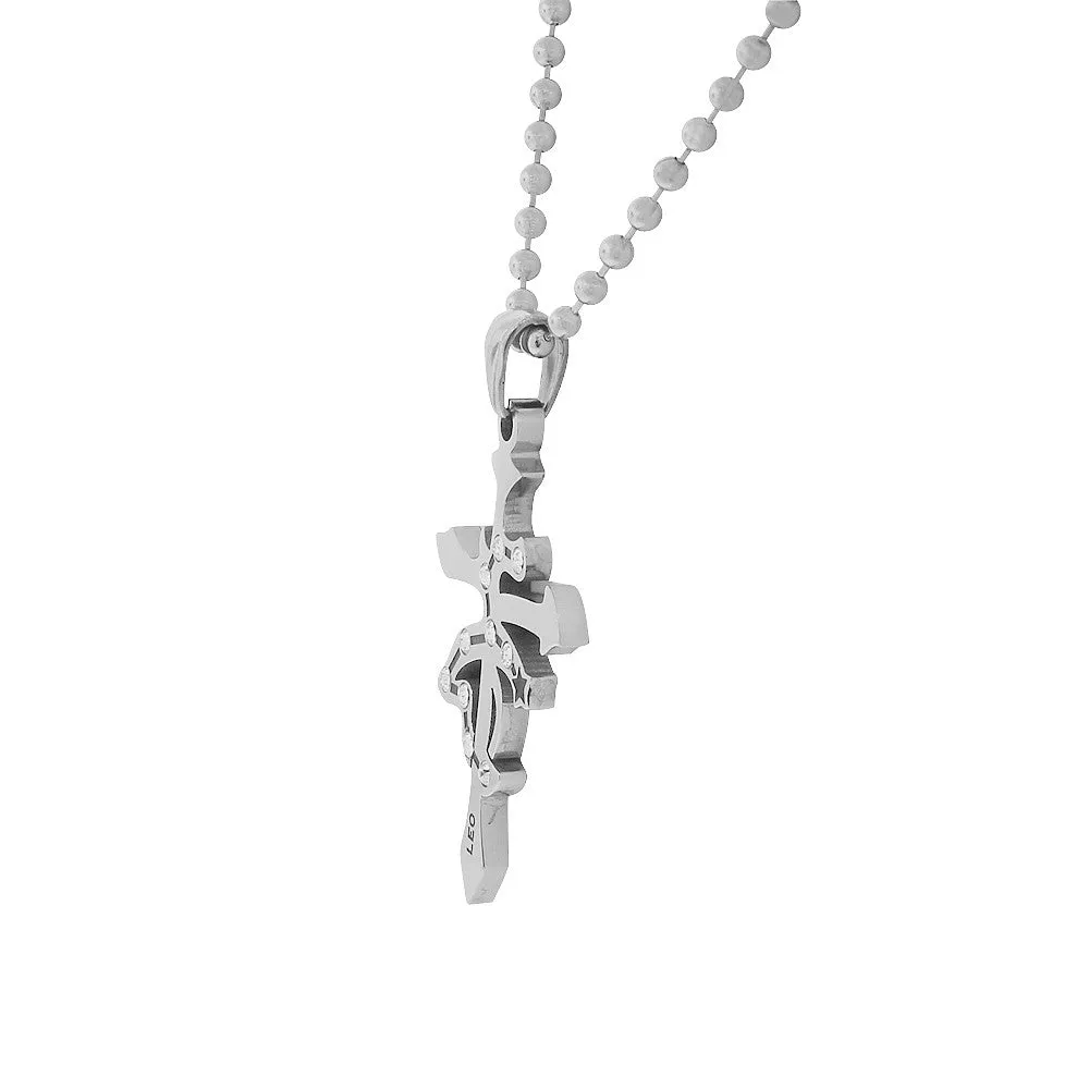 Stainless Steel Silver-Tone White CZ Zodiac Cross Pendant Necklace - Leo