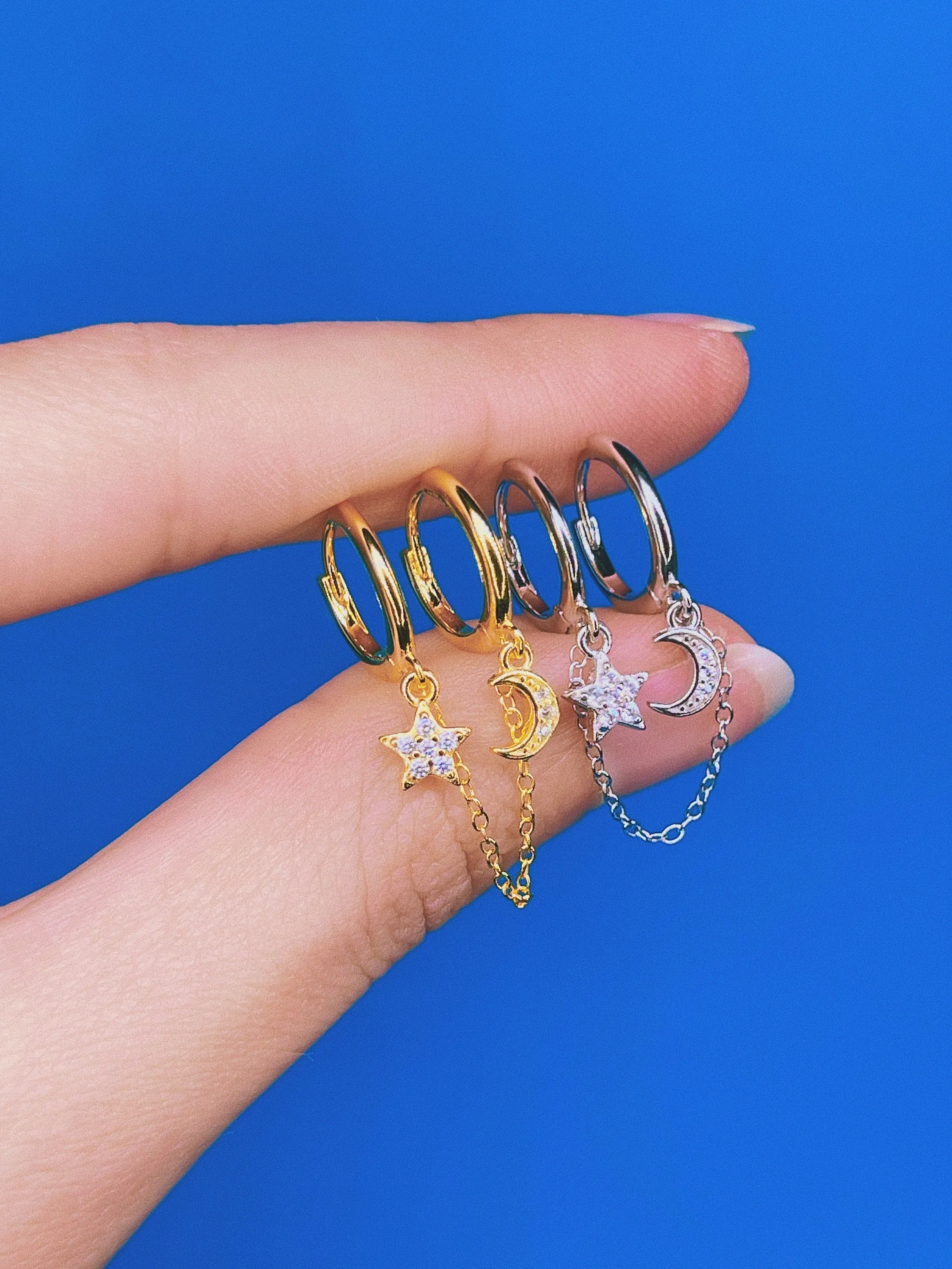 Star   Moon Chain Hoop Earrings