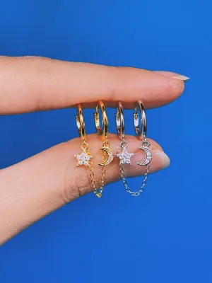 Star   Moon Chain Hoop Earrings