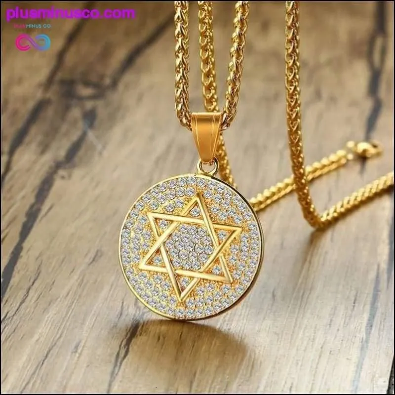 Star of David Necklace Shiny CZ Stone Round Pendant