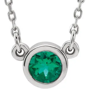 Sterling Silver 16 In Round Emerald Bezel-Set Solitaire 16" Necklace