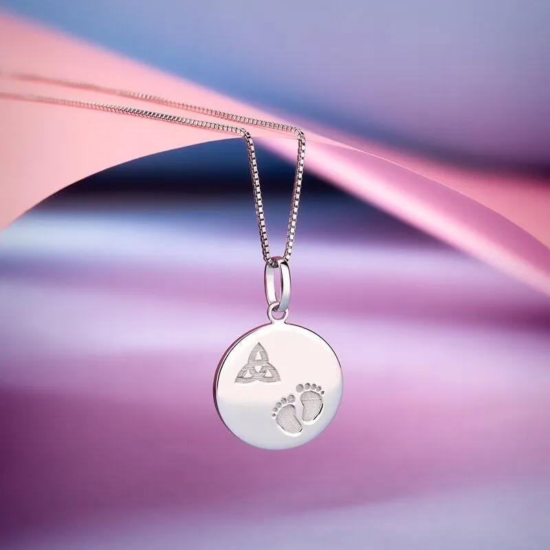 Sterling Silver Celtic Trinity Knot Baby Feet Disc Pendant with Chain S46890