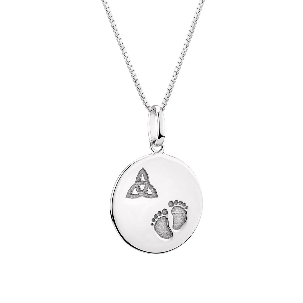 Sterling Silver Celtic Trinity Knot Baby Feet Disc Pendant with Chain S46890