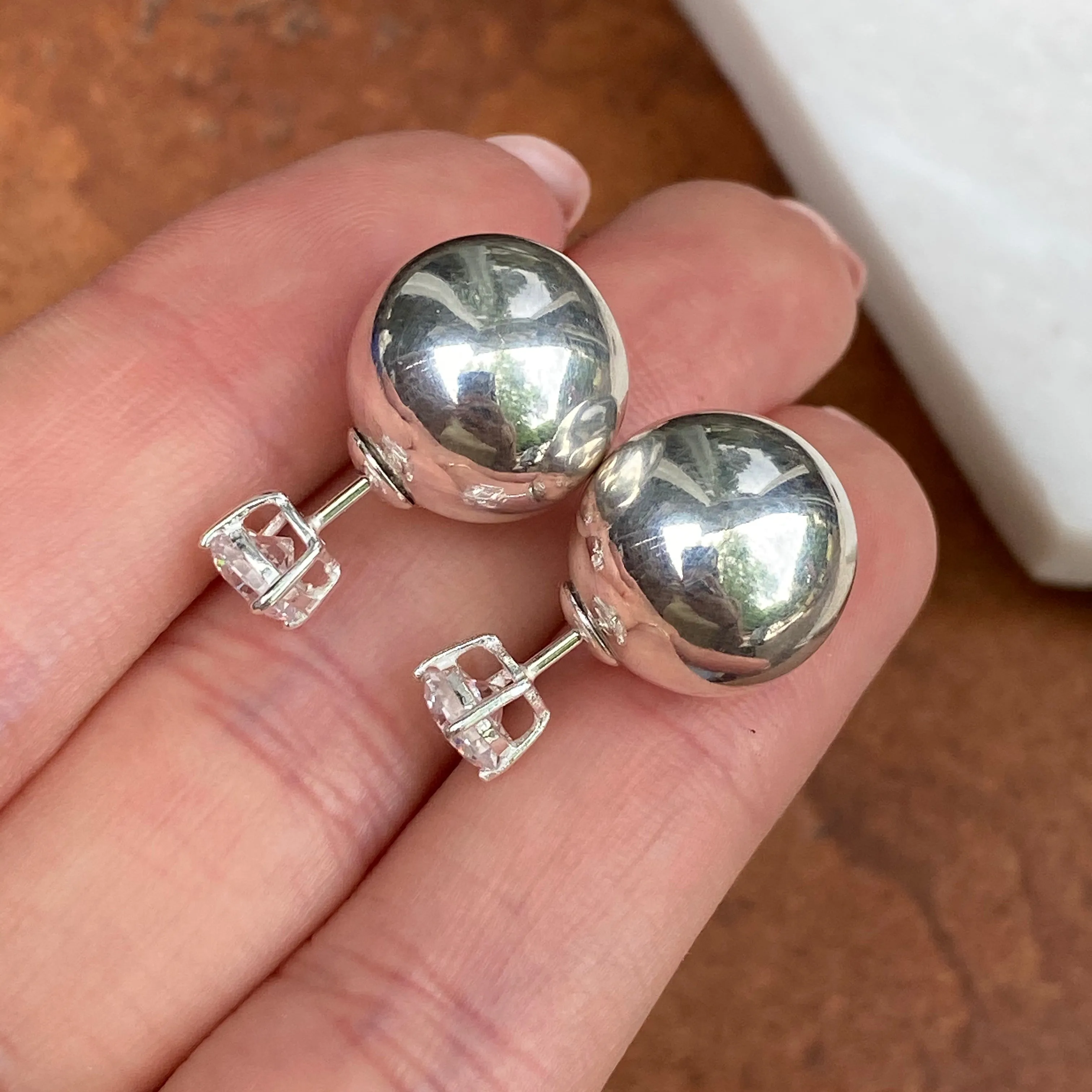 Sterling Silver Double-Ended Polished Ball   CZ Stud Post Earrings