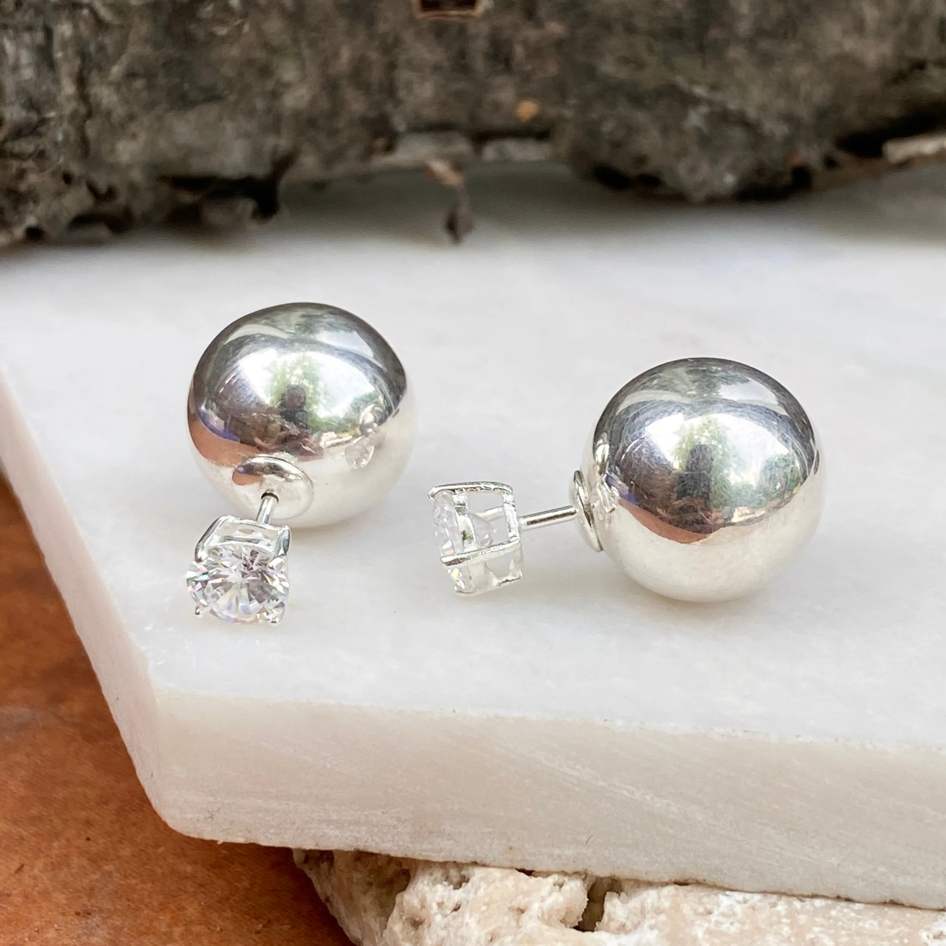 Sterling Silver Double-Ended Polished Ball   CZ Stud Post Earrings