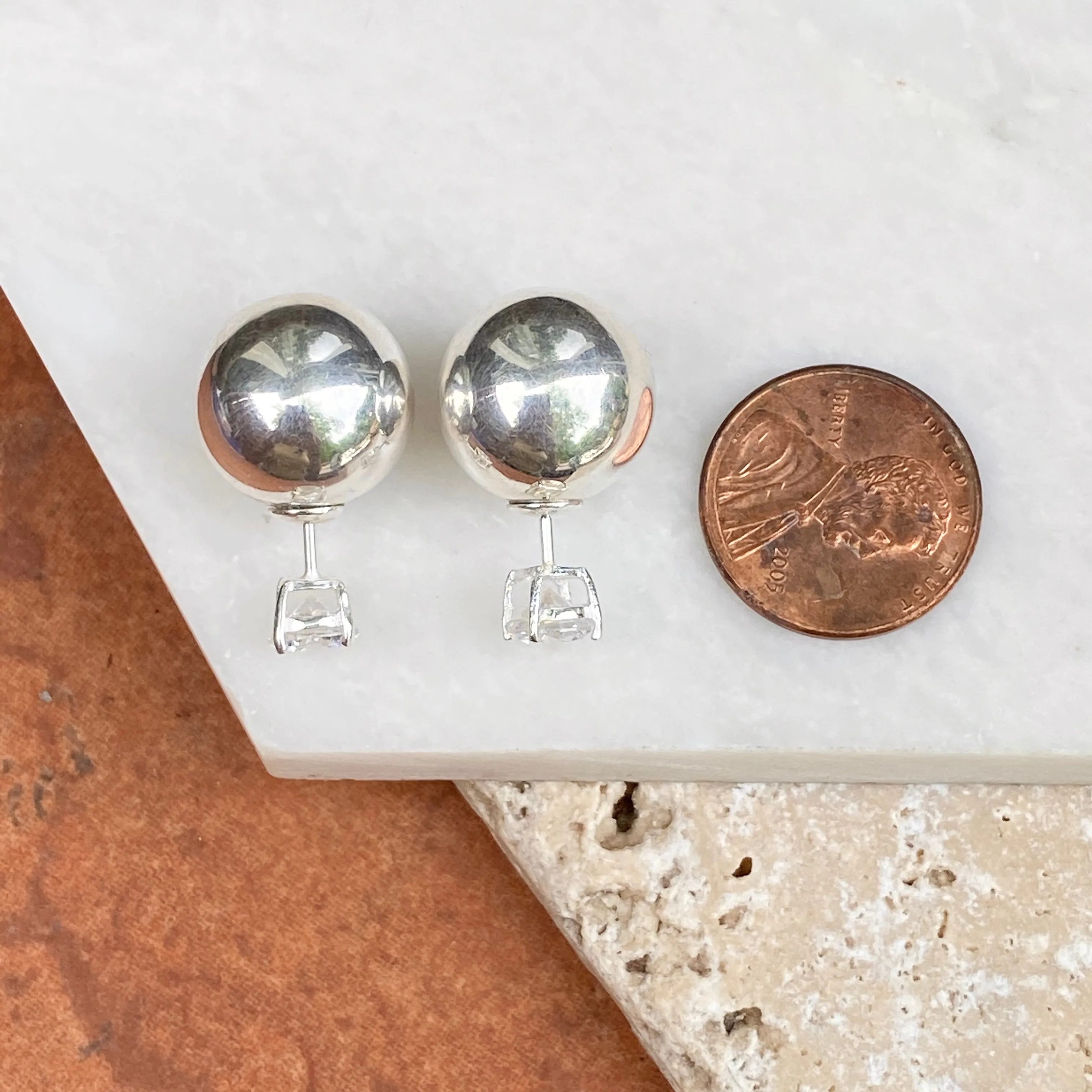 Sterling Silver Double-Ended Polished Ball   CZ Stud Post Earrings