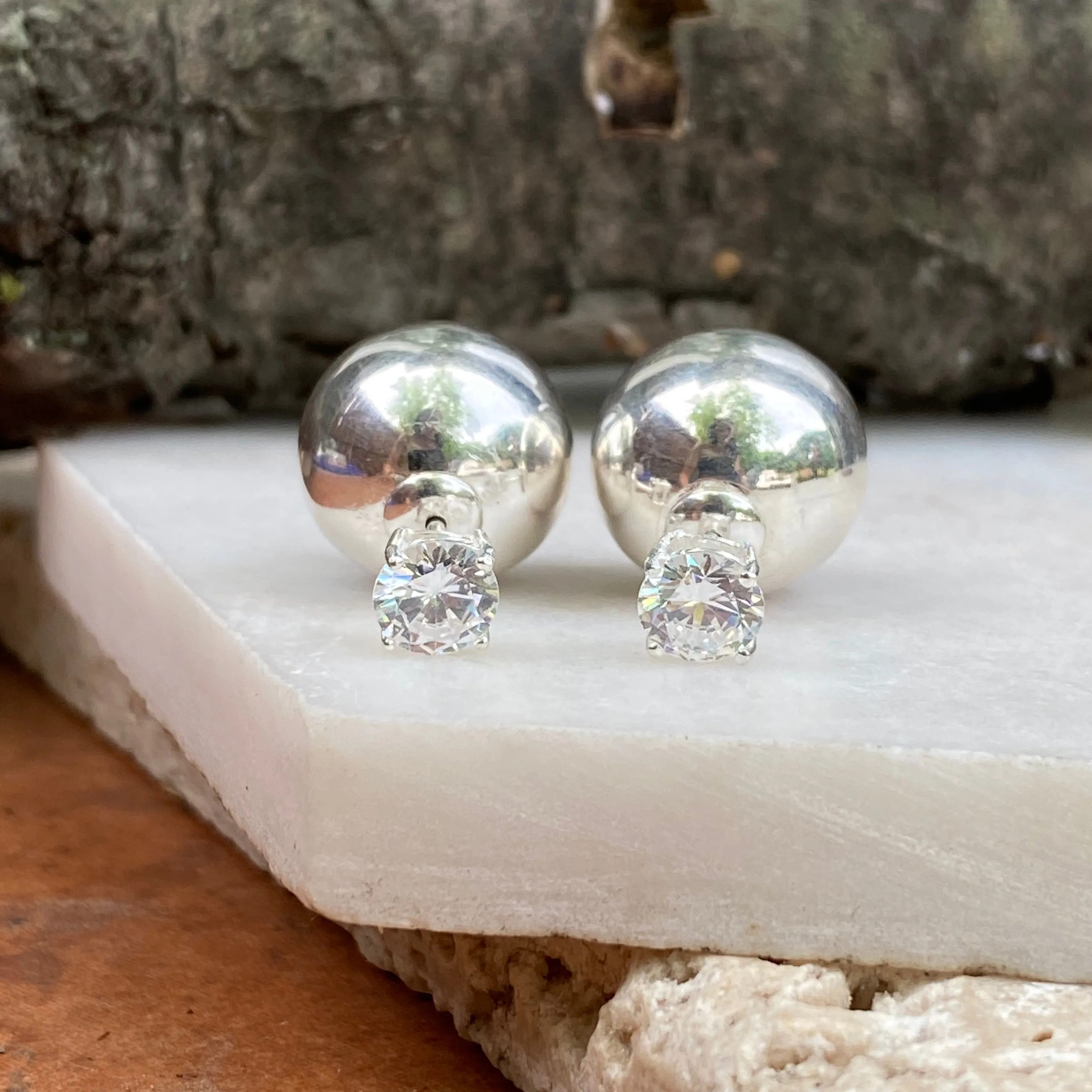 Sterling Silver Double-Ended Polished Ball   CZ Stud Post Earrings