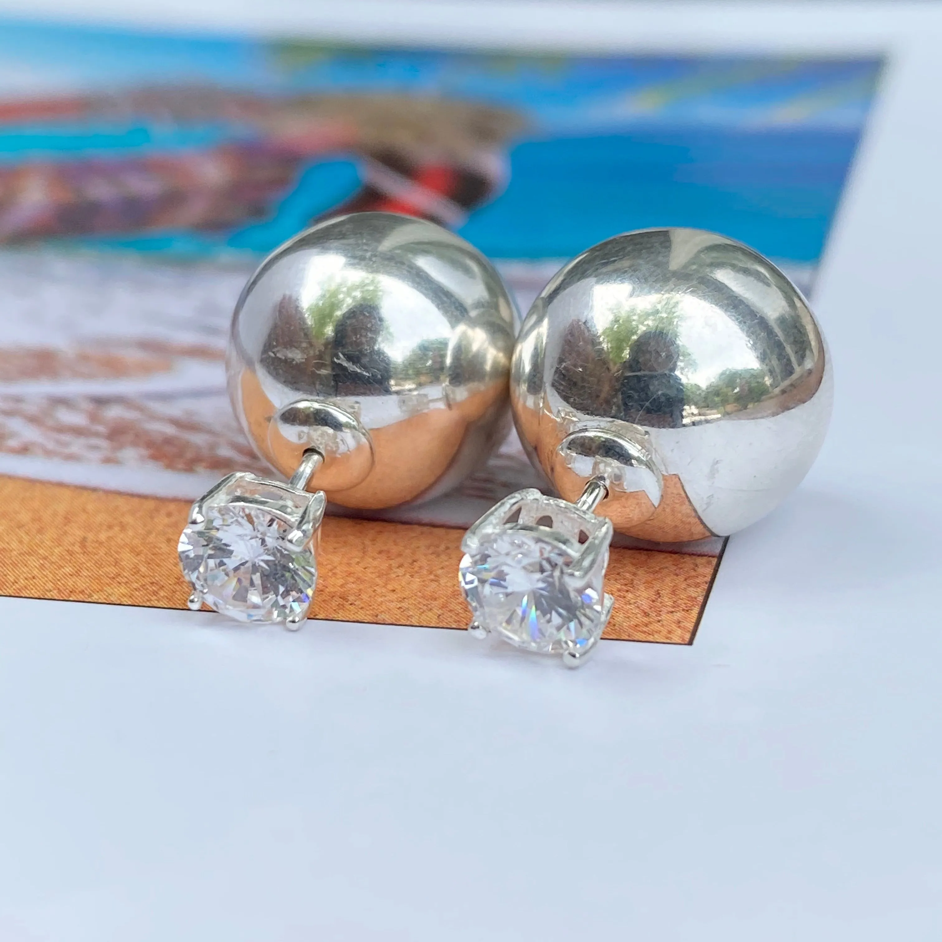 Sterling Silver Double-Ended Polished Ball   CZ Stud Post Earrings