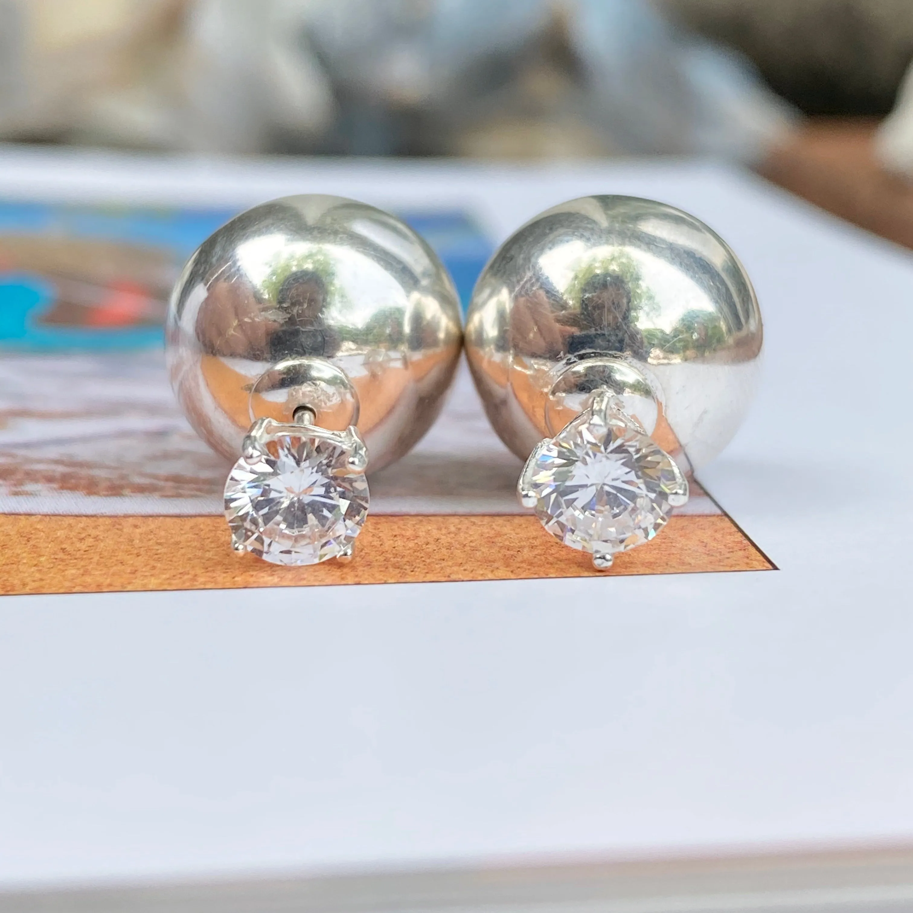 Sterling Silver Double-Ended Polished Ball   CZ Stud Post Earrings