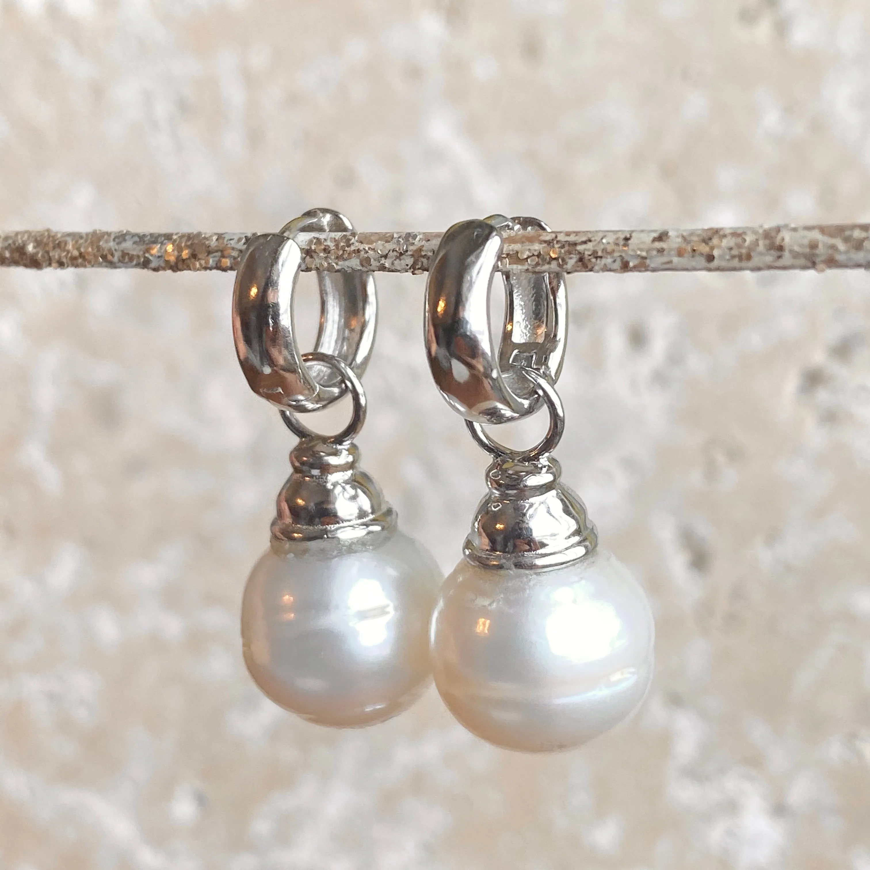 Sterling Silver Huggie Hoop with Paspaley Pearl Charm Earrings