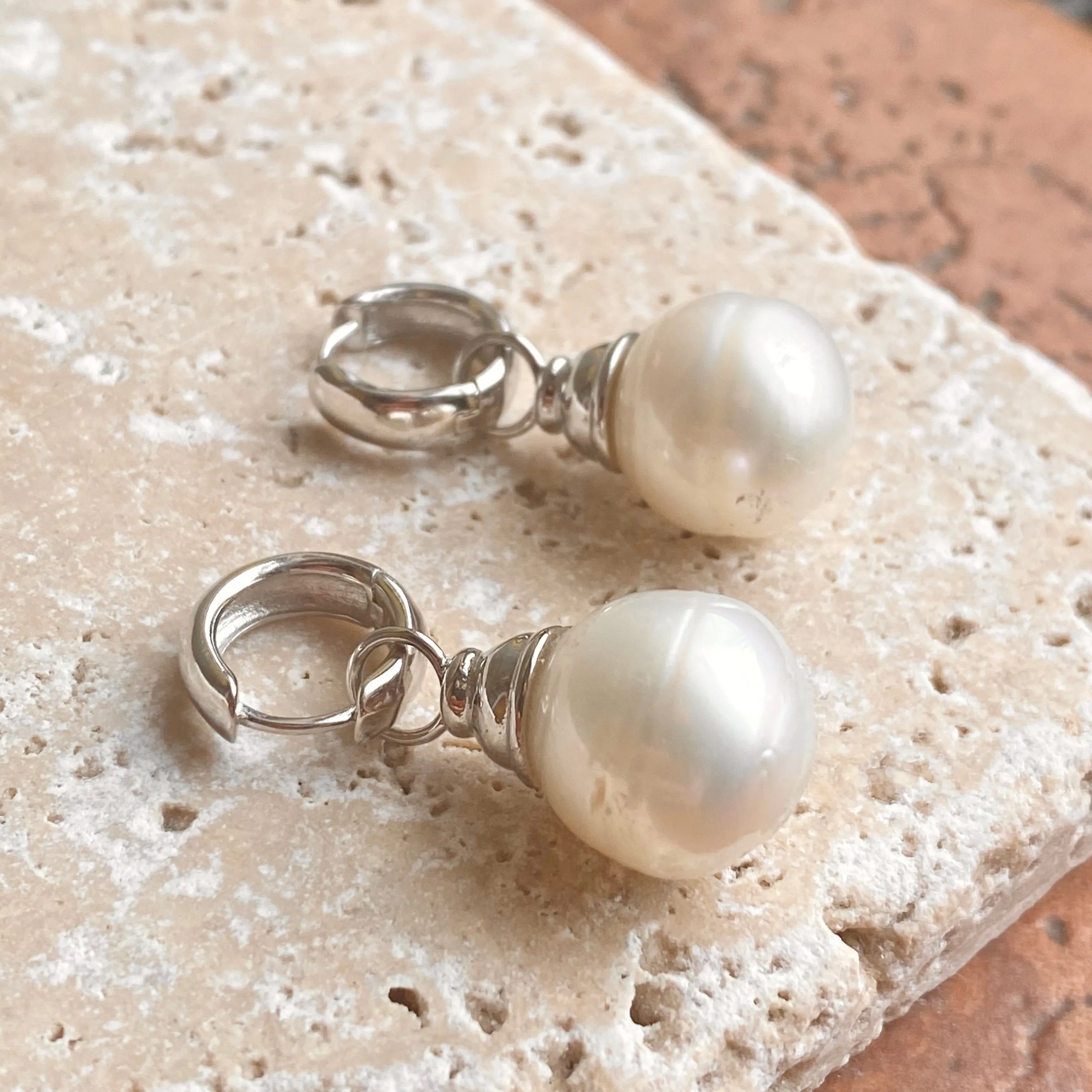 Sterling Silver Huggie Hoop with Paspaley Pearl Charm Earrings