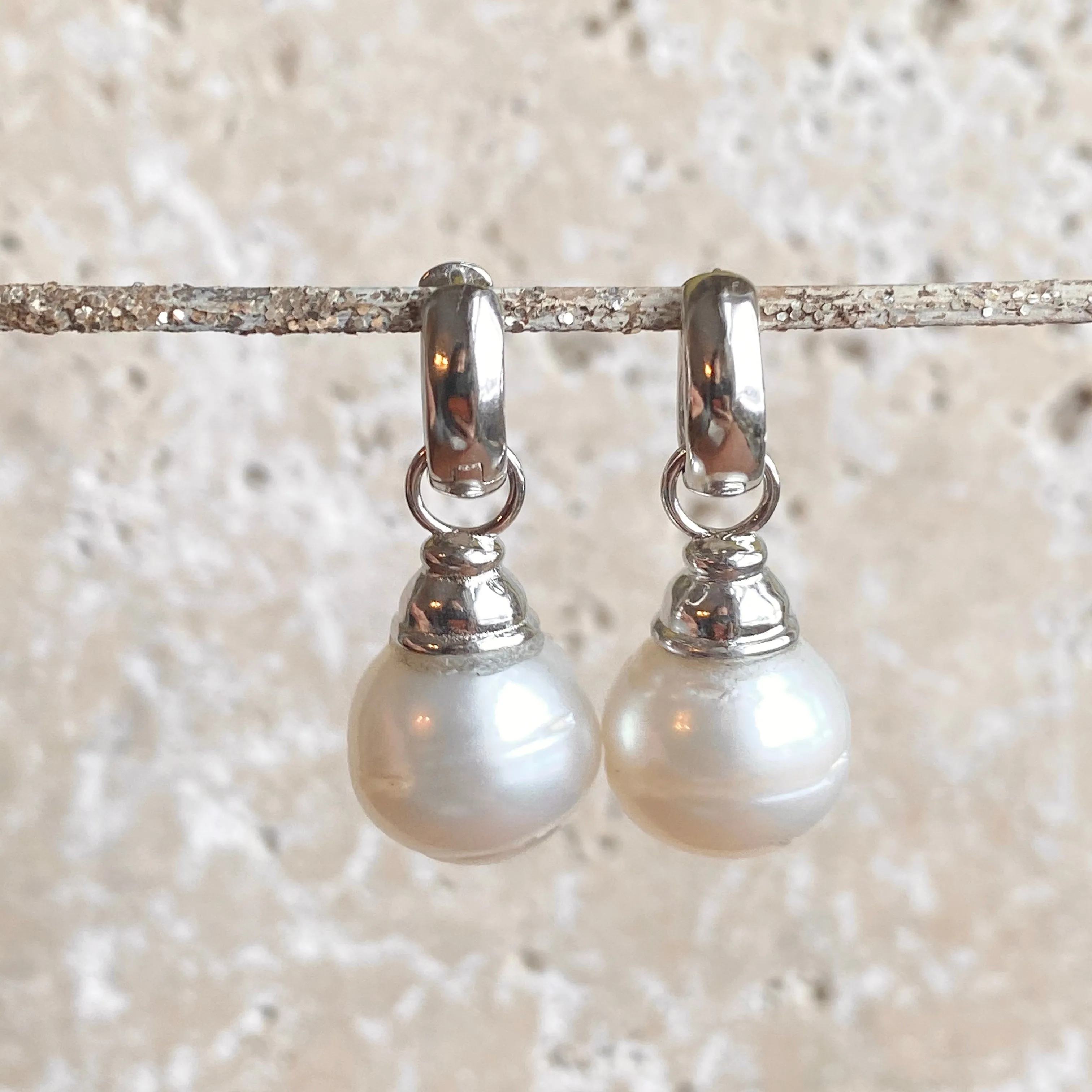 Sterling Silver Huggie Hoop with Paspaley Pearl Charm Earrings