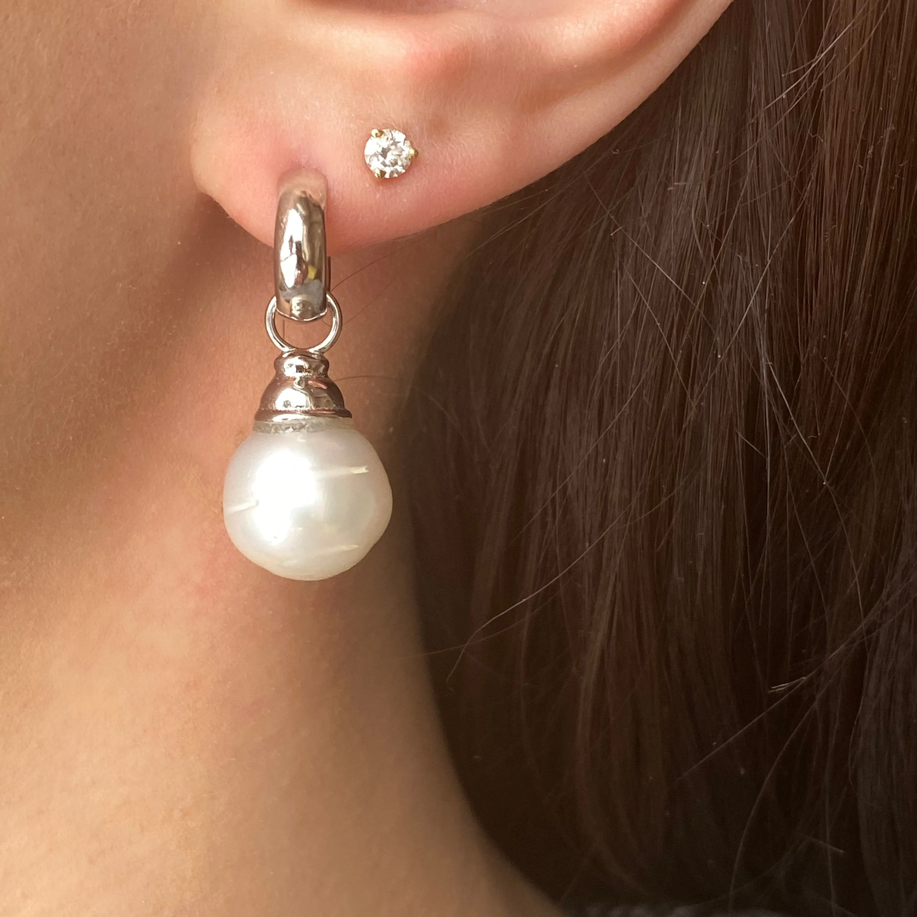 Sterling Silver Huggie Hoop with Paspaley Pearl Charm Earrings