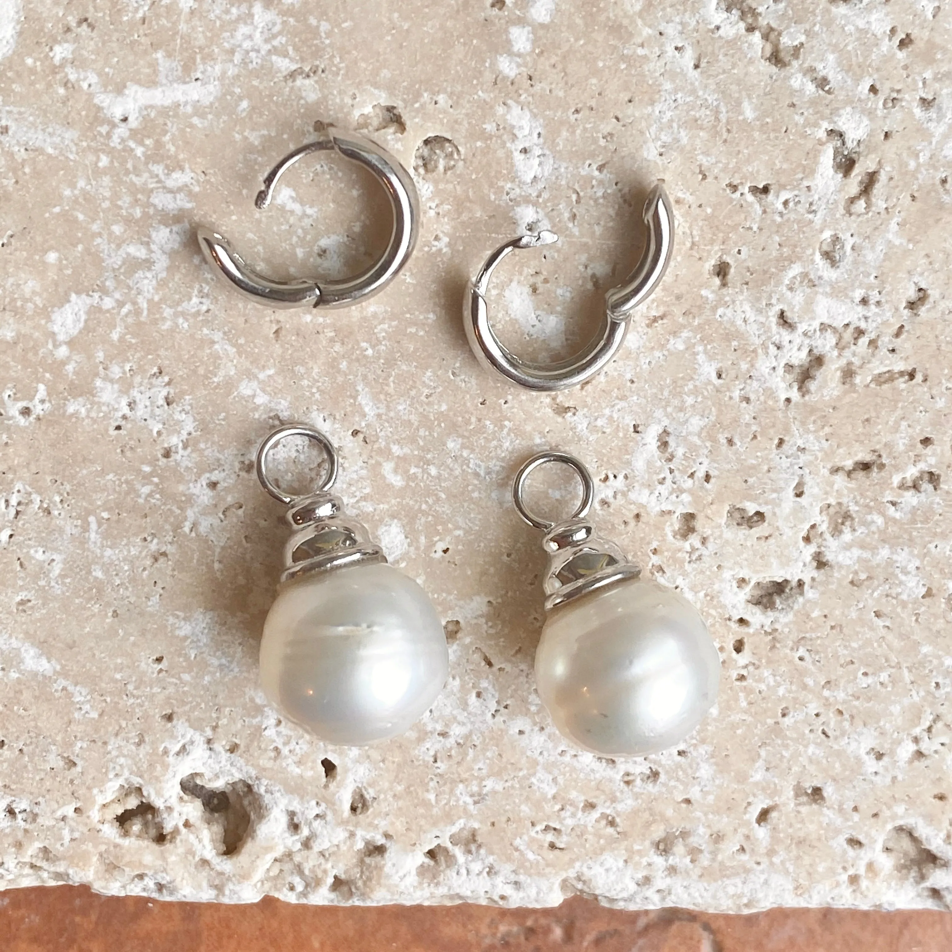 Sterling Silver Huggie Hoop with Paspaley Pearl Charm Earrings