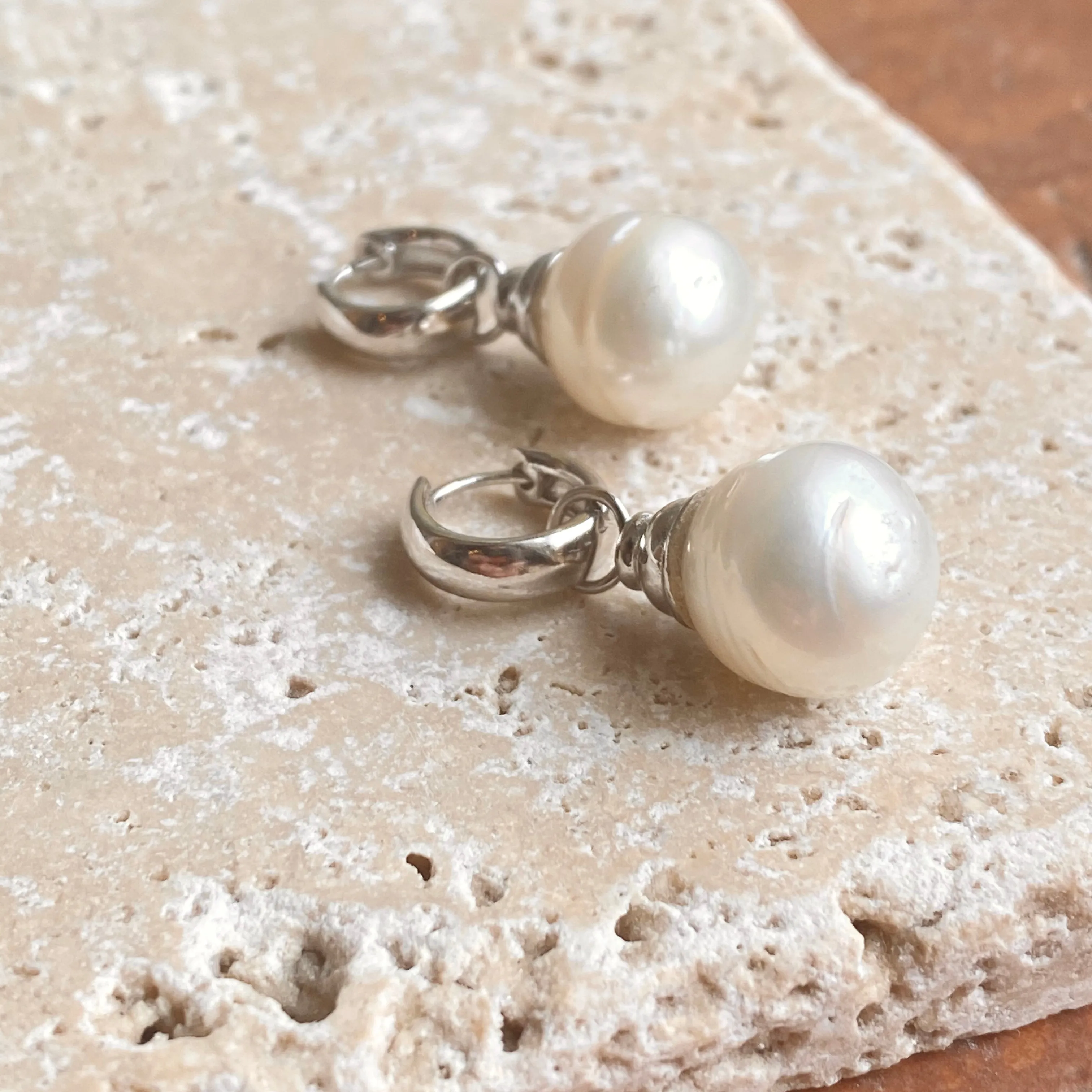 Sterling Silver Huggie Hoop with Paspaley Pearl Charm Earrings