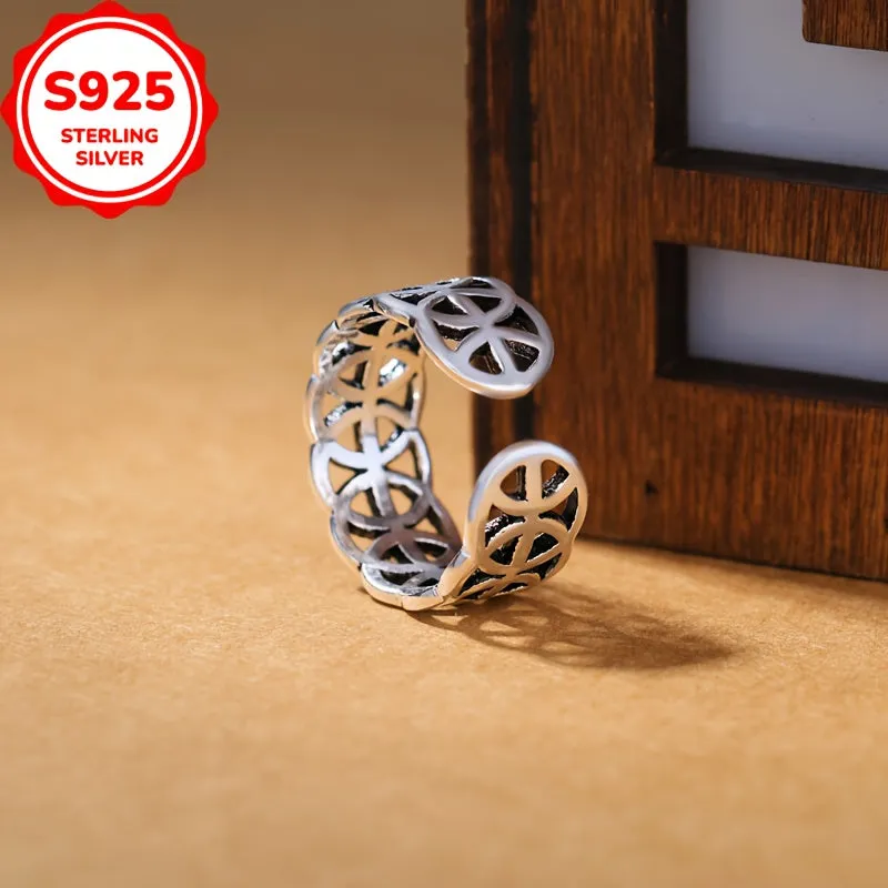 Sterling Silver Vintage Coin Pattern Ring, Golden Plated Adjustable Band