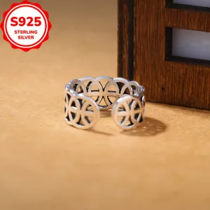 Sterling Silver Vintage Coin Pattern Ring, Golden Plated Adjustable Band