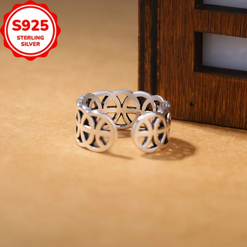 Sterling Silver Vintage Coin Pattern Ring, Golden Plated Adjustable Band
