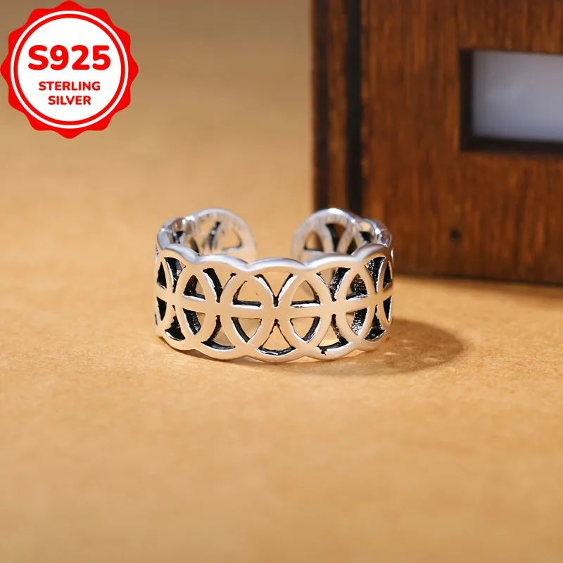 Sterling Silver Vintage Coin Pattern Ring, Golden Plated Adjustable Band