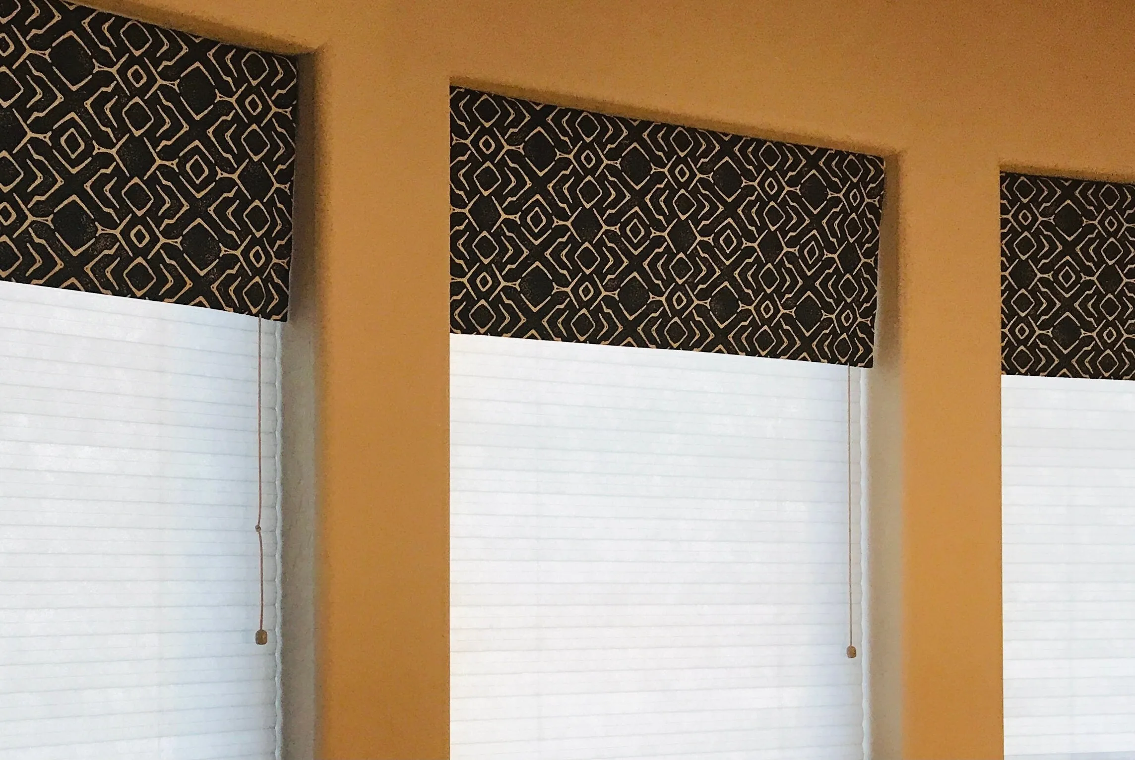 Straight Modern Valance in Navy and Natural or Grey and Natural Trellis Print on Cotton Canvas Fabric. Custom Made