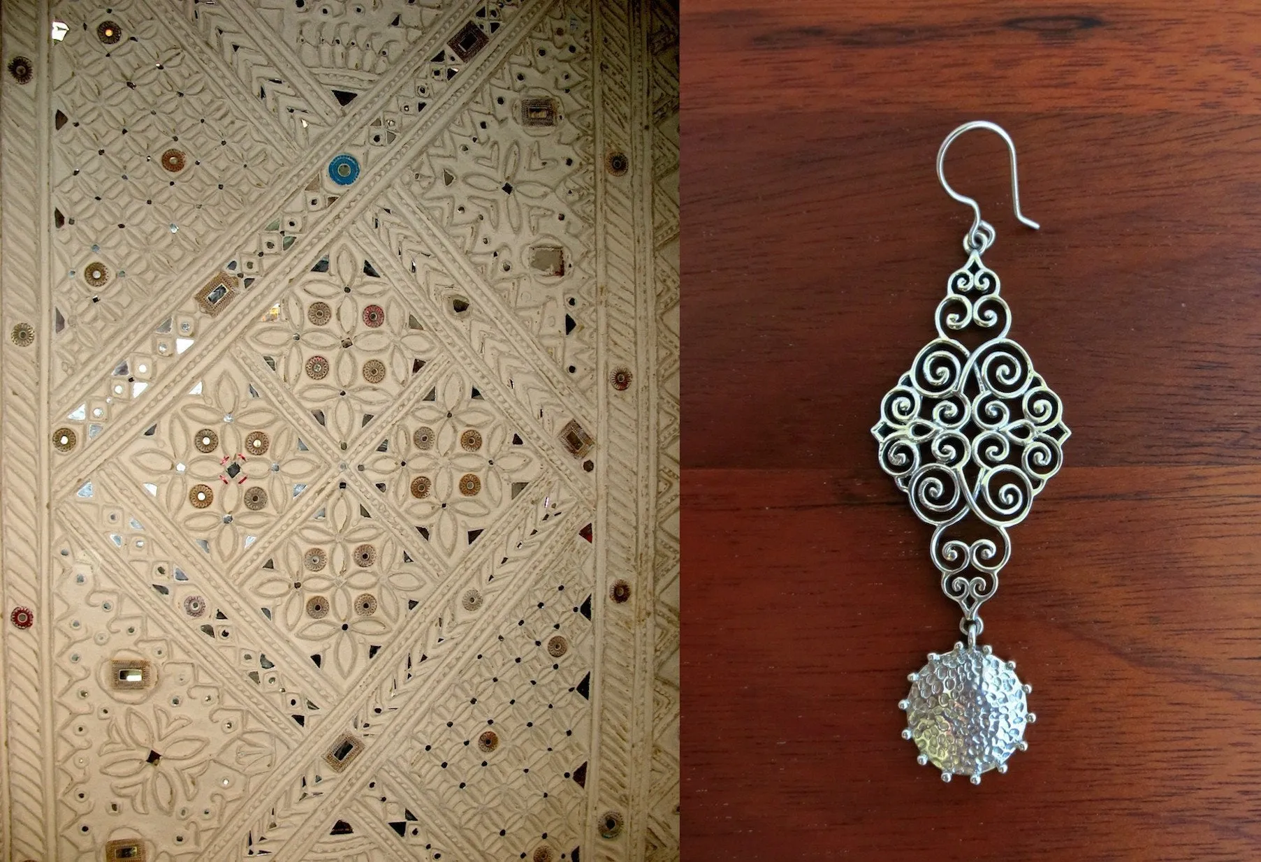 Stunning, wire scroll-pattern earrings with a dangling hammered disc