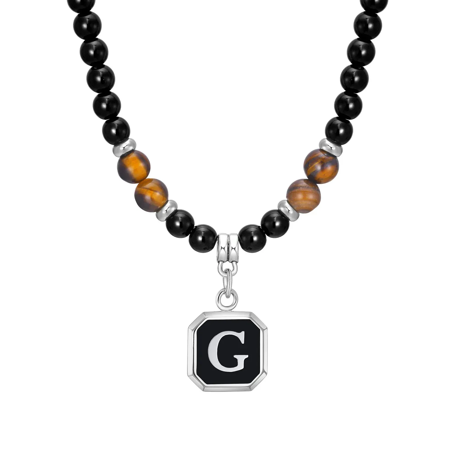 Stylish Letter A-Z Pendant Necklaces for Men Boys,Tiger Eye Black Beaded Necklace