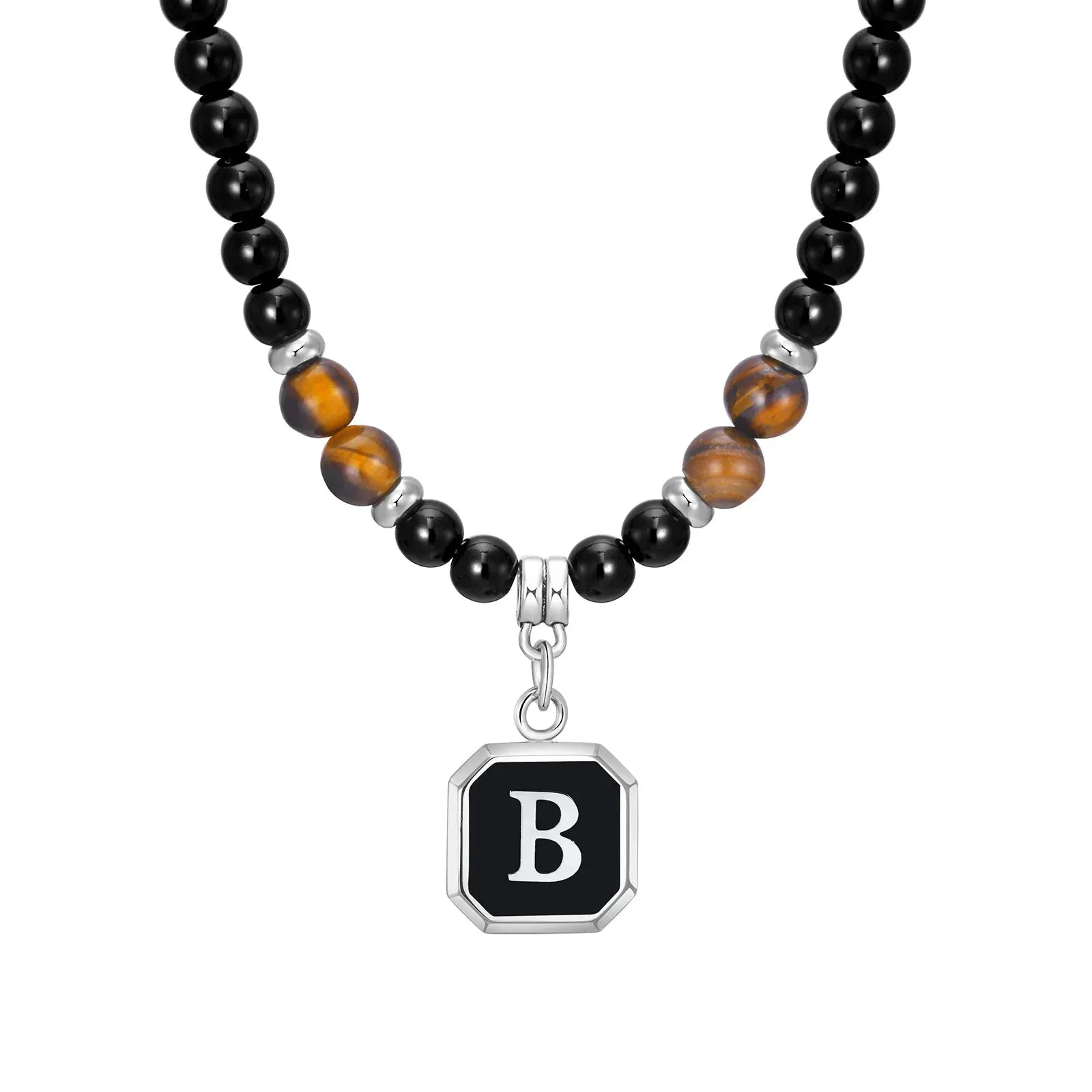 Stylish Letter A-Z Pendant Necklaces for Men Boys,Tiger Eye Black Beaded Necklace