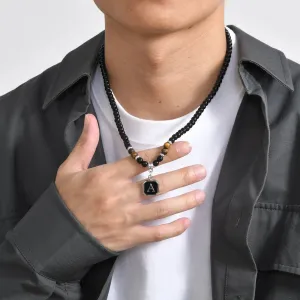 Stylish Letter A-Z Pendant Necklaces for Men Boys,Tiger Eye Black Beaded Necklace