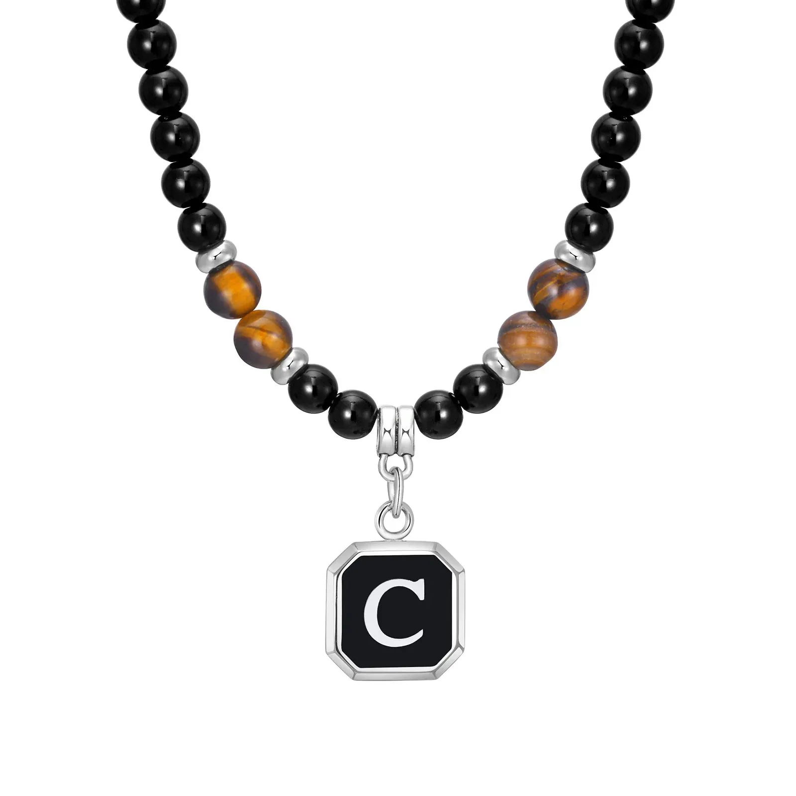 Stylish Letter A-Z Pendant Necklaces for Men Boys,Tiger Eye Black Beaded Necklace