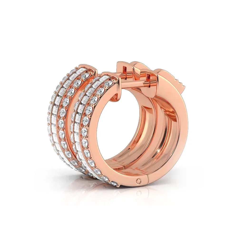 Three Row Round and Baguette Diamond Hoop Earrings Huggie Style