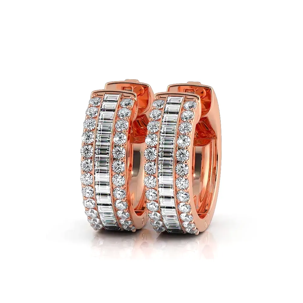 Three Row Round and Baguette Diamond Hoop Earrings Huggie Style
