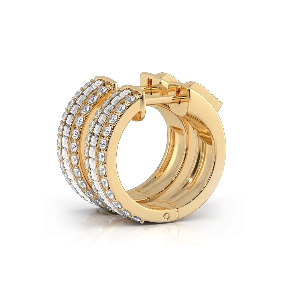 Three Row Round and Baguette Diamond Hoop Earrings Huggie Style