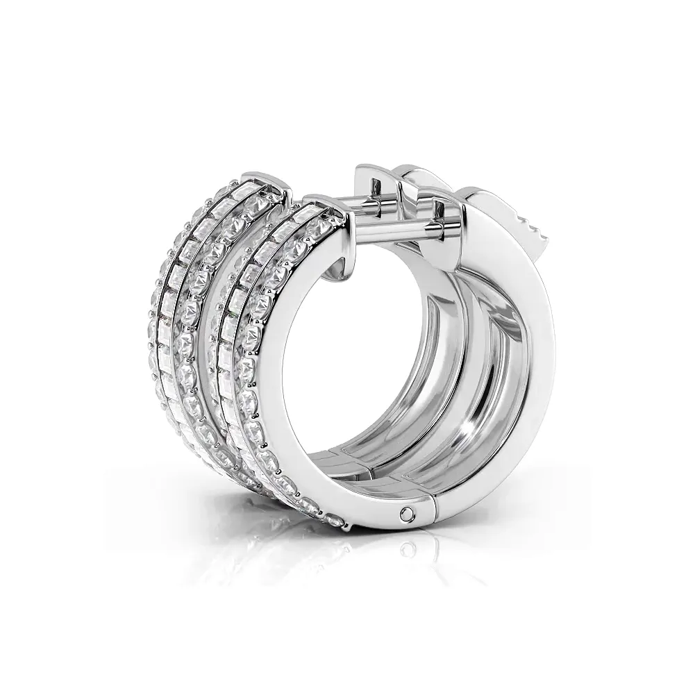 Three Row Round and Baguette Diamond Hoop Earrings Huggie Style