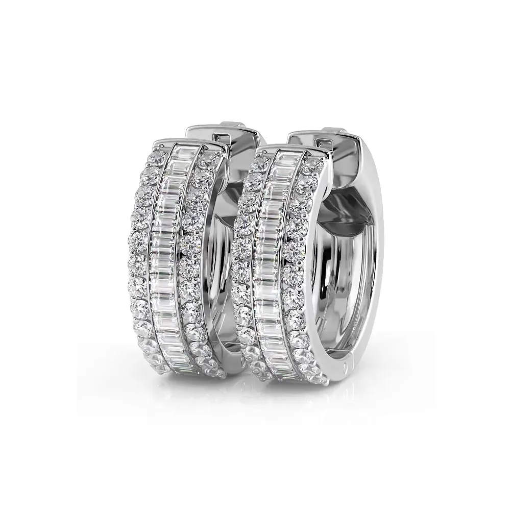 Three Row Round and Baguette Diamond Hoop Earrings Huggie Style