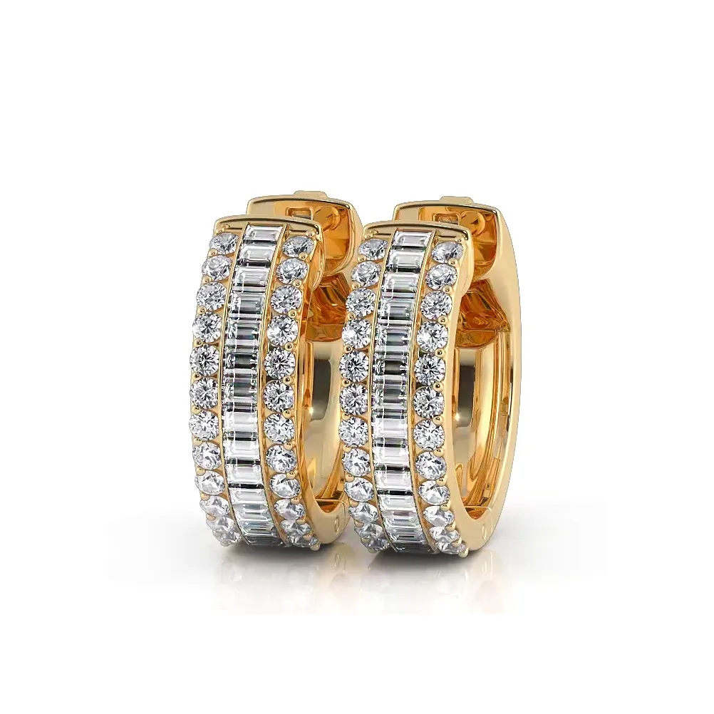 Three Row Round and Baguette Diamond Hoop Earrings Huggie Style