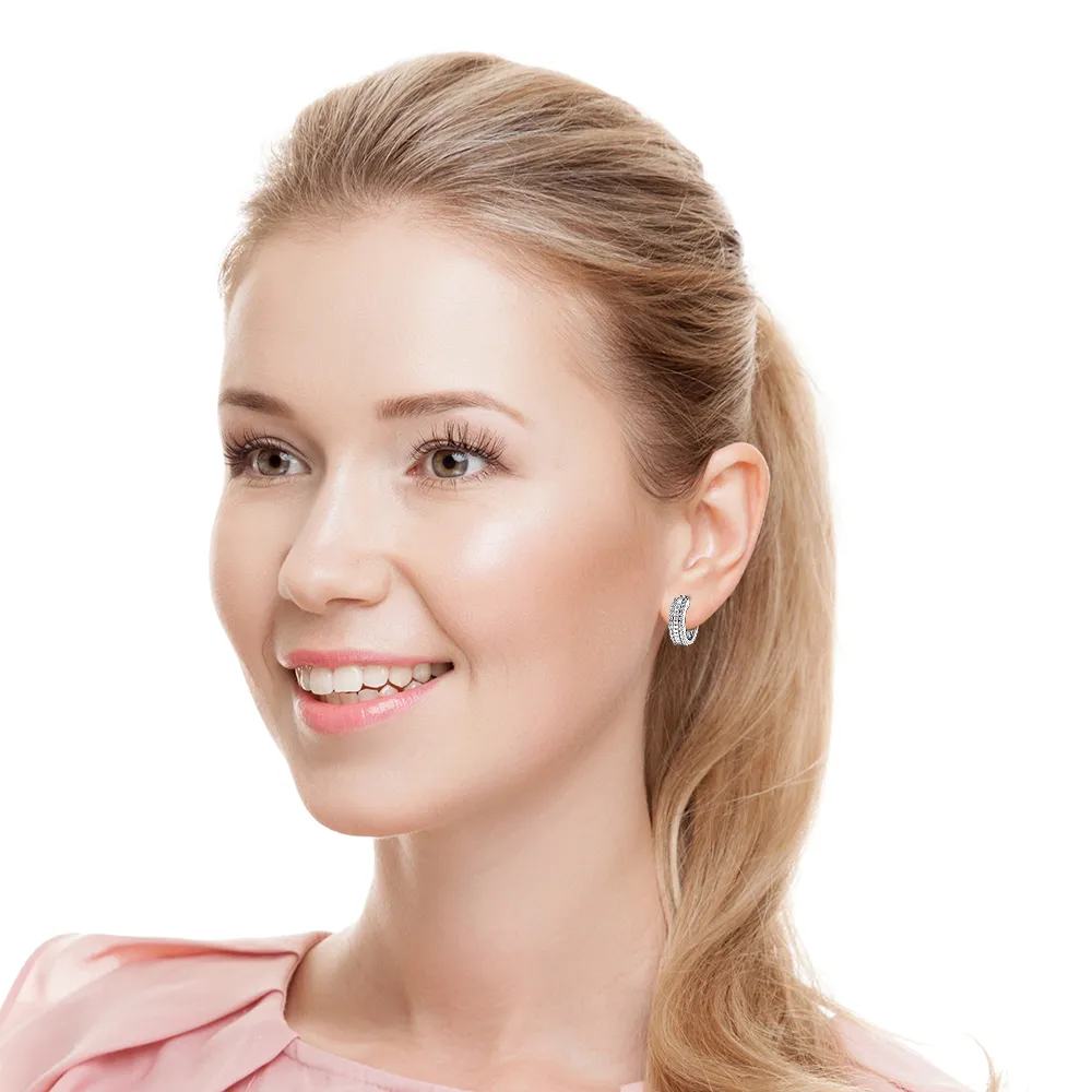 Three Row Round and Baguette Diamond Hoop Earrings Huggie Style