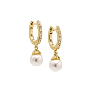 Tiny Dangling Pearl Diamond Huggie Earring 14K