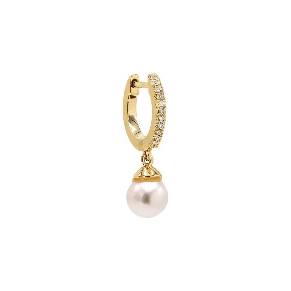 Tiny Dangling Pearl Diamond Huggie Earring 14K