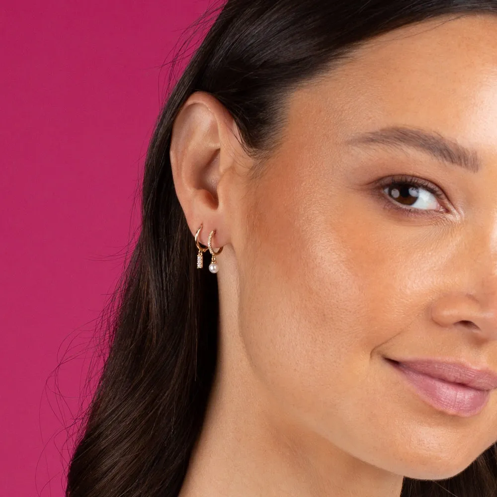 Tiny Dangling Pearl Diamond Huggie Earring 14K